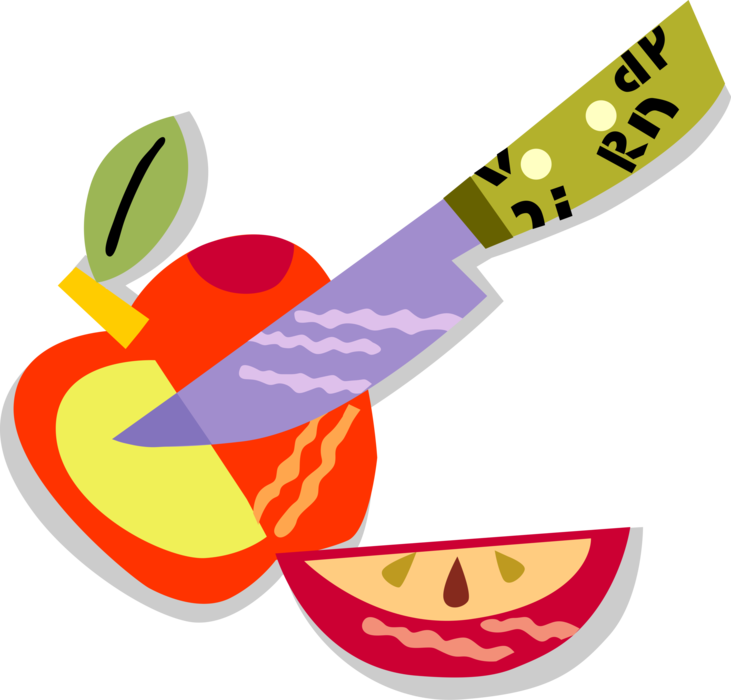 Vector Illustration of Sliced Apple Fruit with Kitchen Knife