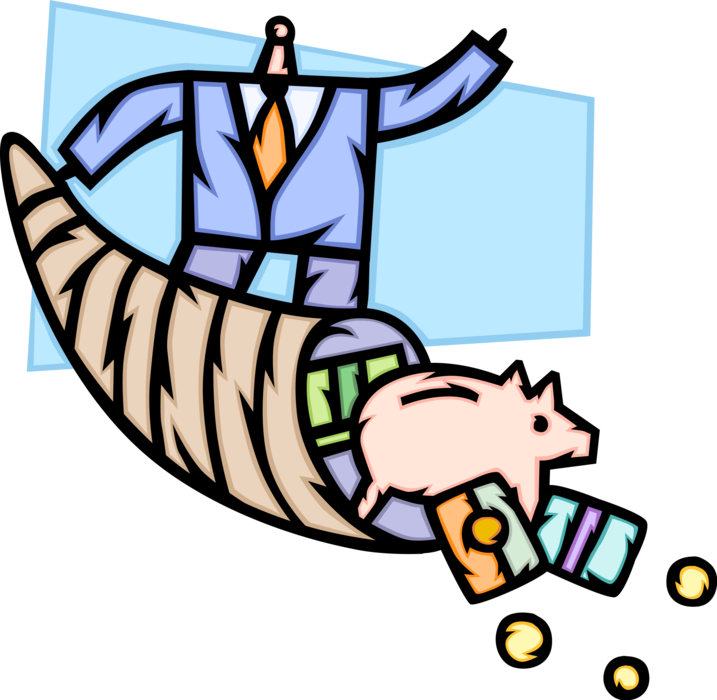 Vector Illustration of Businessman with Cornucopia Horn of Plenty Cash Money Harvest with Piggy Bank and Credit Cards