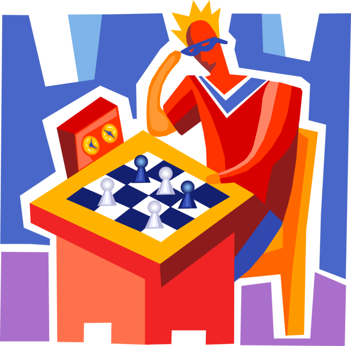 Vector Illustration of Master Chess Player Contemplates Move on Chessboard