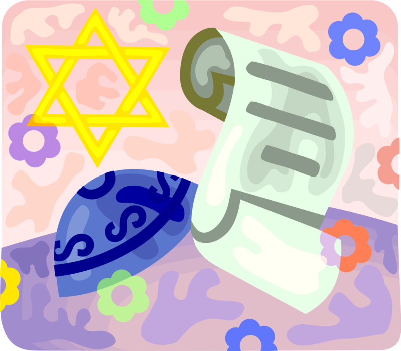 Vector Illustration of Hebrew Torah Scroll with Star of David Symbol of Jewish Identity and Judaism, Kippah Kip Yarmulke Cap