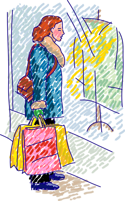 Vector Illustration of Retail Therapy Shopper on Window Shopping Excursion with Garment Clothing