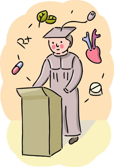 Vector Illustration of University Academic Graduate Valedictorian Delivers Speech at Medical School Graduation Ceremony