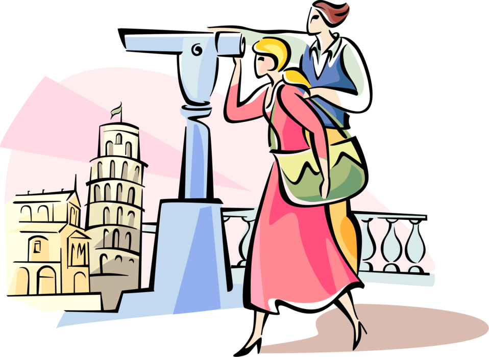 Vector Illustration of Woman Looking at the Leaning Tower of Pisa