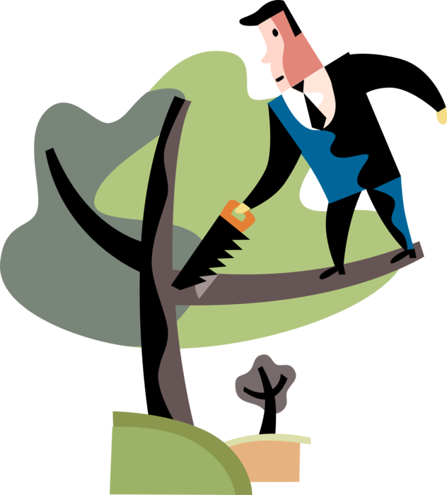 Vector Illustration of Businessman Goes Out on Limb Tree is Victim of Own Demise with Hand Saw Cutting Branch
