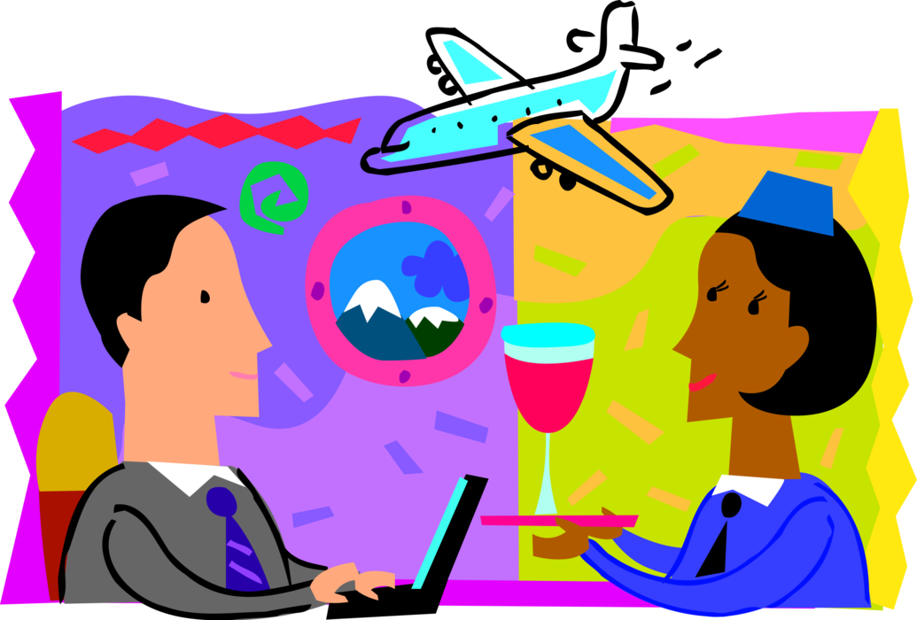 Vector Illustration of Commercial Airline Flight Attendant Serves Alcohol Beverage Drinks to Passengers on Jet Airplane