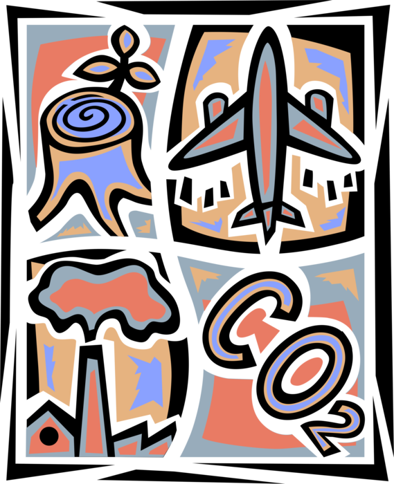 Vector Illustration of Carbon Dioxide CO2 Greenhouse Gas Emissions Reduction with Deforestation, Jet Aircraft, Factory Pollution