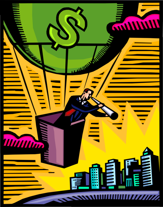 Vector Illustration of Businessman Assesses Financial Money Markets in Hot Air Balloon with Eyeglass Telescope