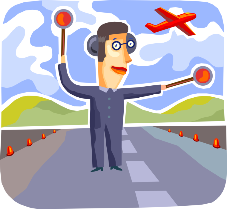 Vector Illustration of Air Traffic Controllers Maintain Safe, Orderly Flow of Air Traffic in Airport Control Tower