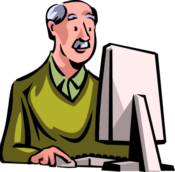 Vector Illustration of Retired Elderly Senior Citizen Accesses Internet on Home Computer