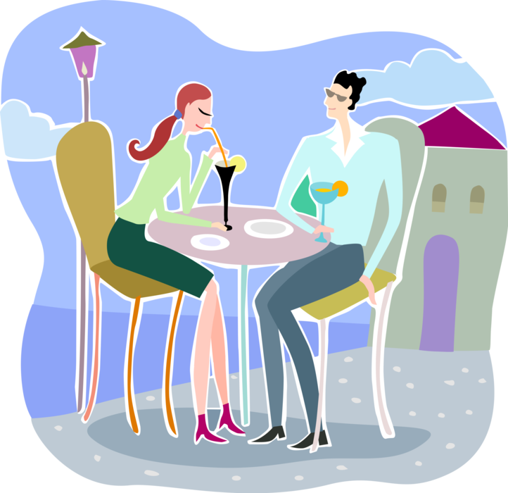 Vector Illustration of Romantic Couple on Date Enjoy Cocktail Drinks at Outdoor Café Patio