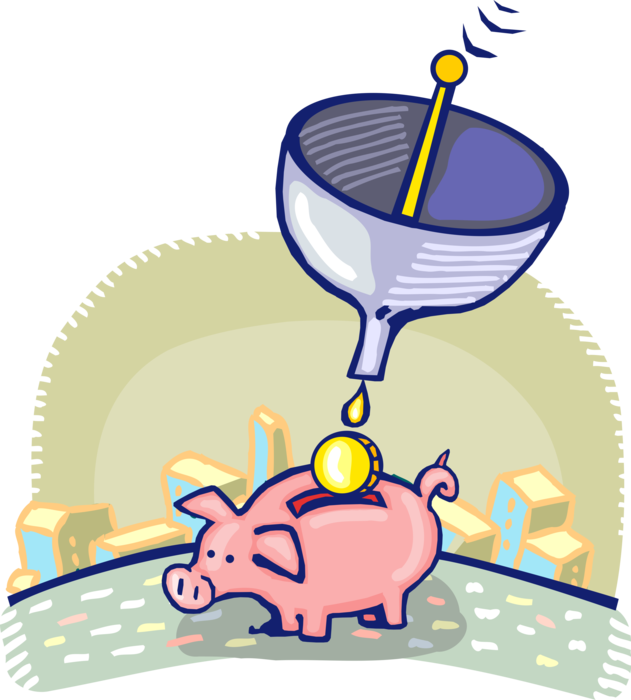 Vector Illustration of Satellite Data Creates Financial Profits for Piggy Bank Coin Container