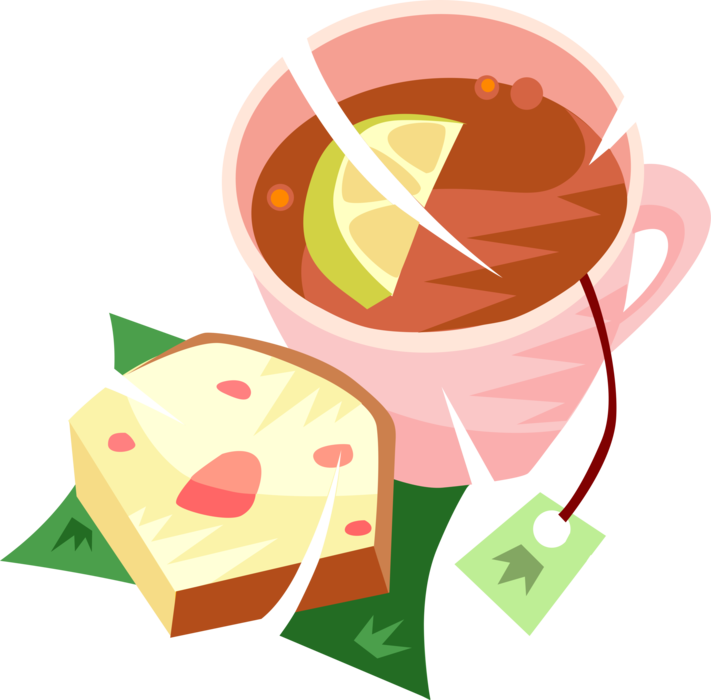 Vector Illustration of Cup of Steeped Tea in Teacup with Lemon Wedge and Biscotti Italian Almond Biscuit