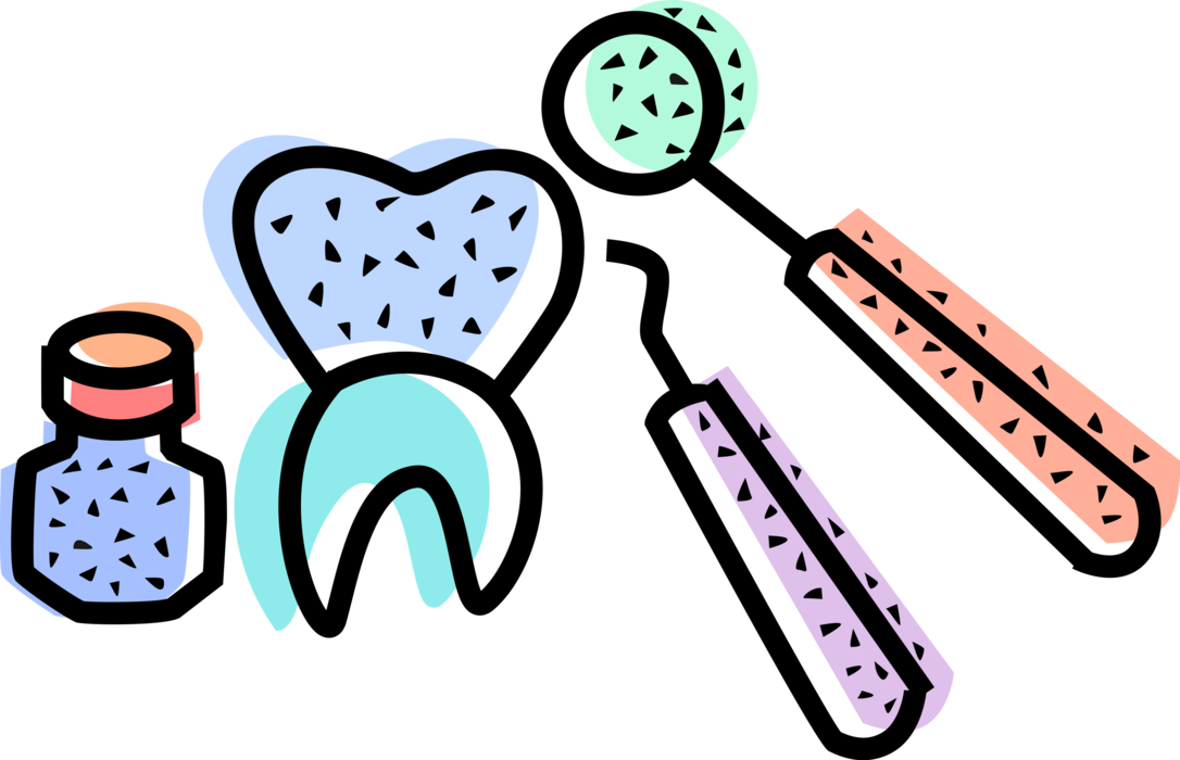 Vector Illustration of Dentist Office Dentistry Tools with Molar Tooth, Dental Mirror, Dental Pick Instrument Tools