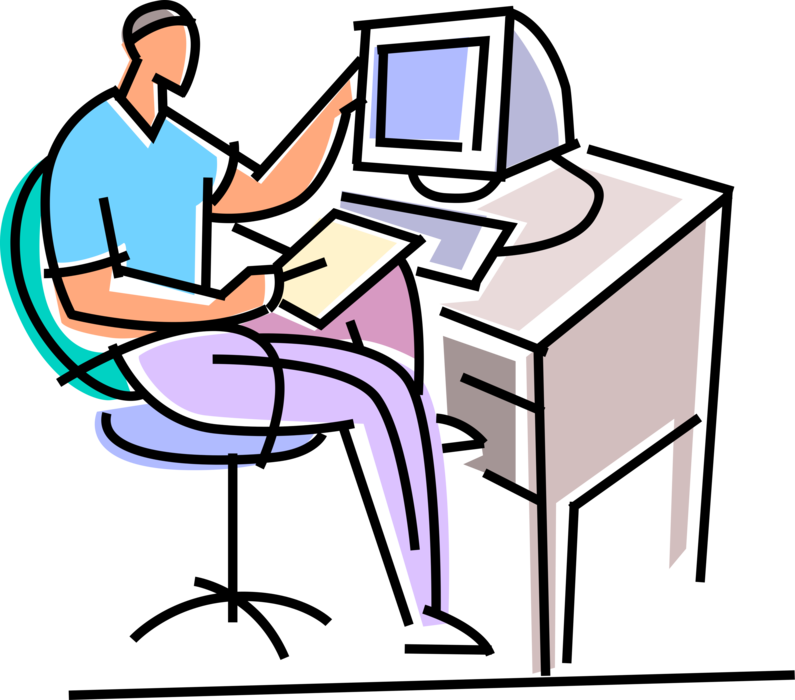 Vector Illustration of Academic Student Works on School Report with Online Research from Computer