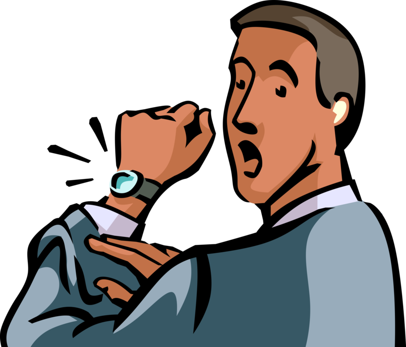 Vector Illustration of Businessman Running Late for Scheduled Appointment Checks Wristwatch Time