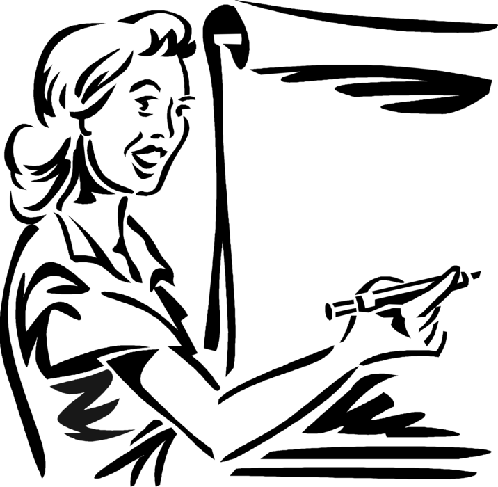 Vector Illustration of Businesswoman Writes on Flipchart During Business Meeting Presentation