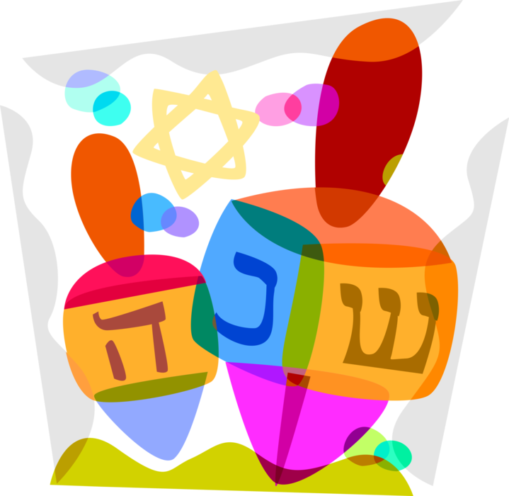 Vector Illustration of Jewish Holiday of Hanukkah Dreidel Spinning Tops, Star of David Symbol of Judaism