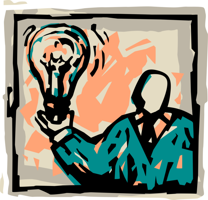 Vector Illustration of Businessman Holds Electric Light Bulb Symbol of Invention, Innovation, and Good Ideas