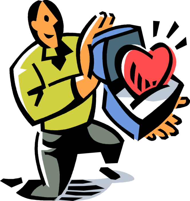 Vector Illustration of Romantic Amorous Man Proposes on One Knee with Love Heart in Jewellery or Jewelry Ring Case