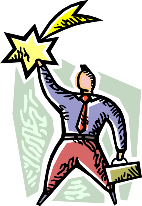 Vector Illustration of Corporate Leader Businessman Reaches for Shooting Star of Accomplishment and Success