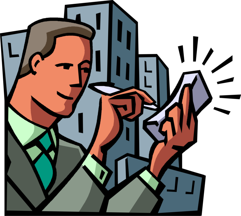 Vector Illustration of Businessman Works with Personal Digital Assistant Hand-Held Computing Device