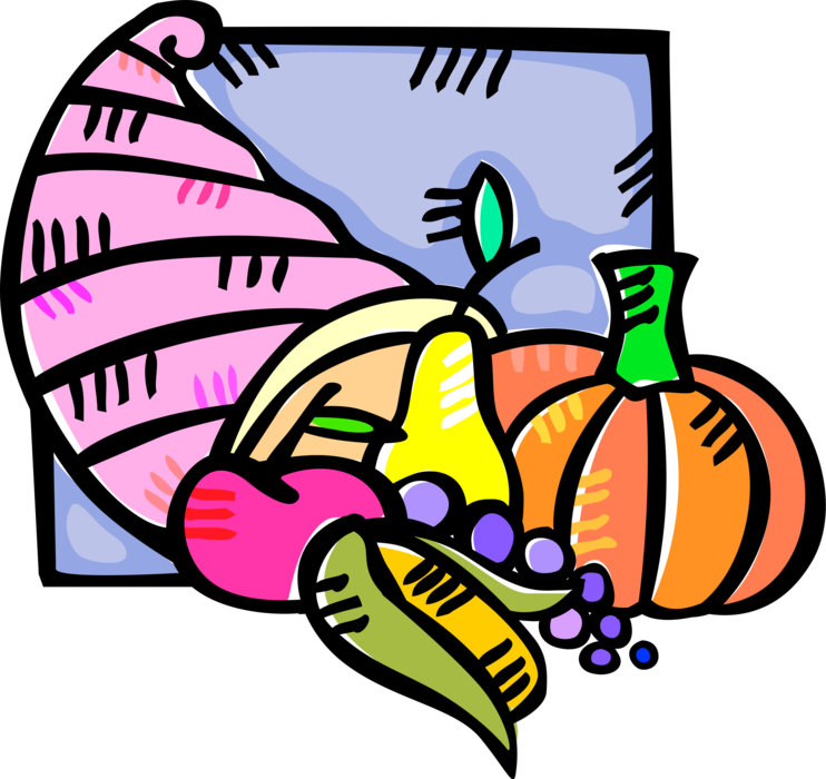 Vector Illustration of Cornucopia Horn of Plenty with Fall Harvest Fruit and Vegetables