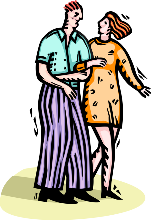 Vector Illustration of Romantic Couple in Loving Relationship Walk Arm-In-Arm
