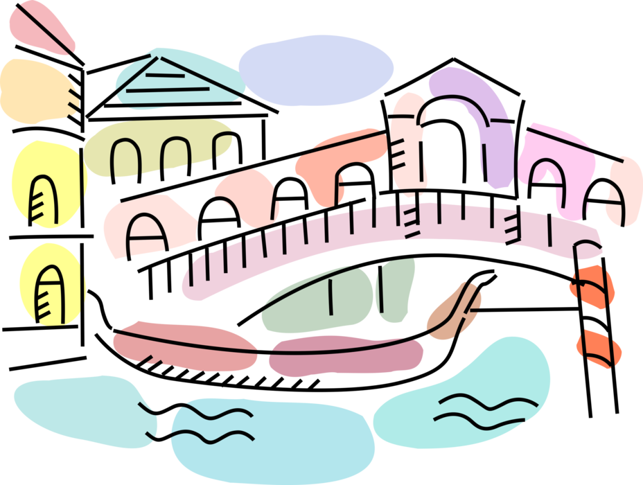 Vector Illustration of Rialto Bridge Spanning the Grand Canal, Venice, Italy with Gondola Boat