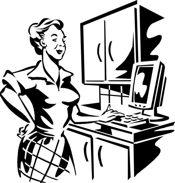 Vector Illustration of Housewife Uses Computer to Access Internet in Kitchen
