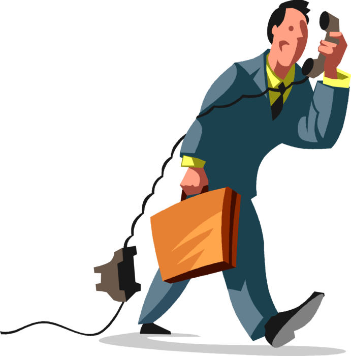 Vector Illustration of Relentless Businessman on the Go with Briefcase and Customer Inquiry Phone Call 