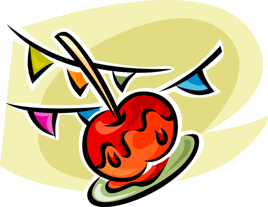 Vector Illustration of Candy Apple or Toffee Apple Covered in Sugar Candy Coating with Stick Handle