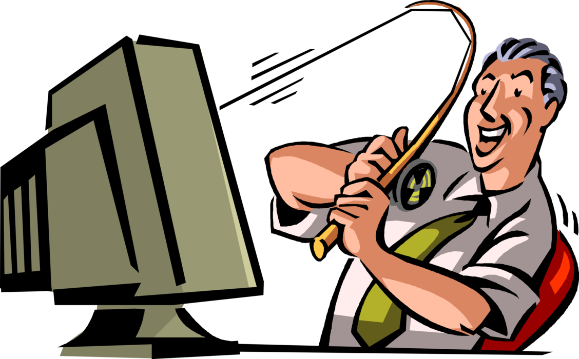 Vector Illustration of Salesman Fisherman Angler Lands Big Catch Over Internet with Fishing Rod and Reel