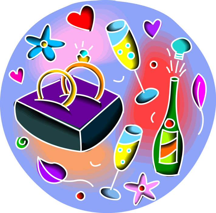 Vector Illustration of Celebrating Romantic Love with Wedding Rings, Champagne Bottle and Glasses