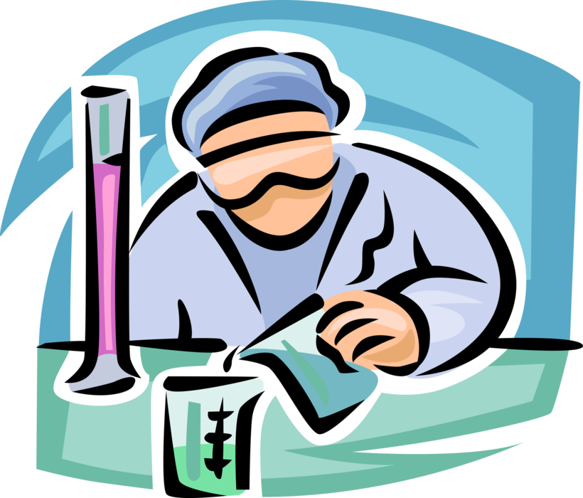 Vector Illustration of Laboratory Scientist Technician Pours Liquid Into Science Glassware Beaker