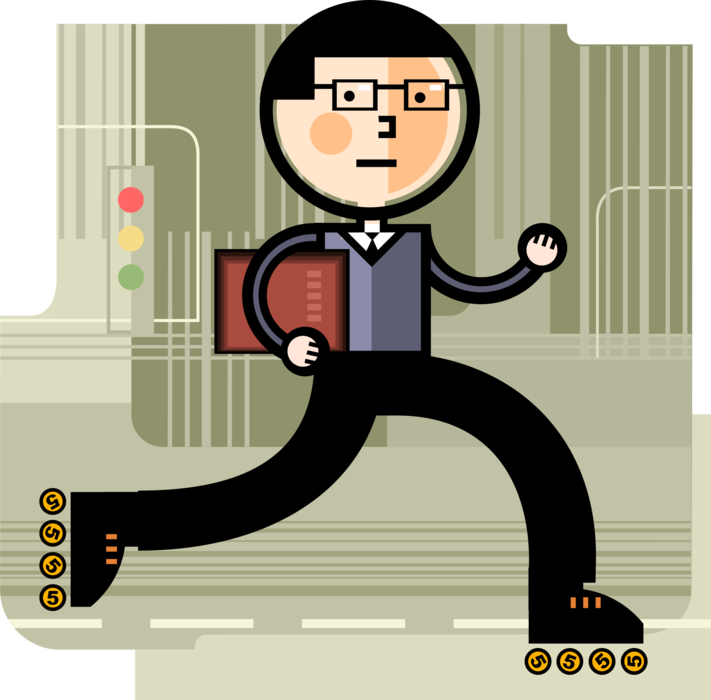 Vector Illustration of Businessman Rollerblades Through City Traffic to Business Meeting