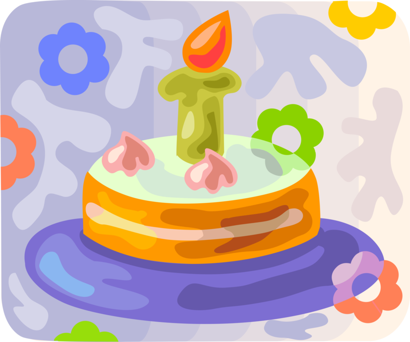 Vector Illustration of Sweet Dessert Baked Birthday Cake with Lit Candle