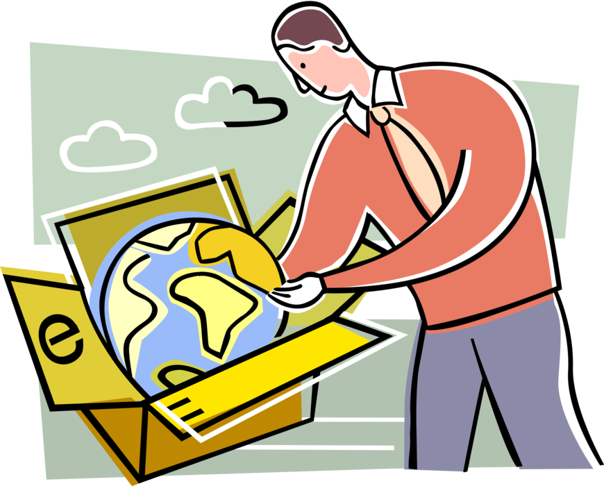 Vector Illustration of Businessman Fills Customer Orders and Ships Products Around the World Globe in Cardboard Shipping Box