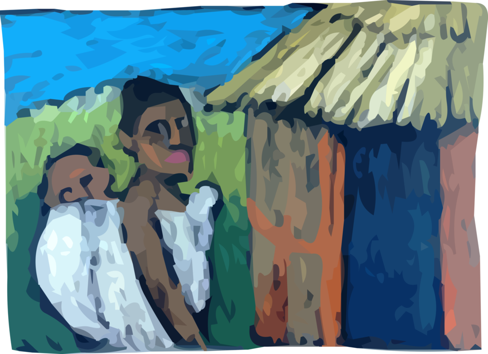 Vector Illustration of Traditional African Tribal Villagers with Grass Huts