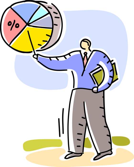 Vector Illustration of Corporate Executive Businessman Identifies Sales Targets and Objectives with Pie Chart Infographic
