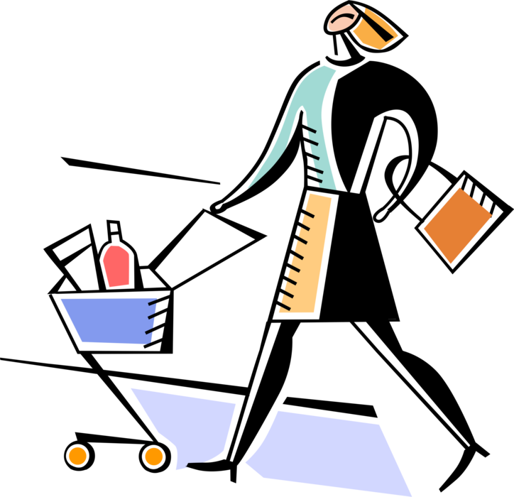 Vector Illustration of Shopper with Supermarket Grocery Store Shopping Cart