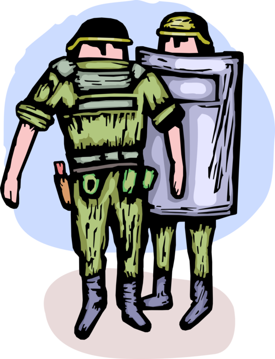 Vector Illustration of United States Military Army Soldiers Ready for Resistance with Crowd Control Shield and Weapons