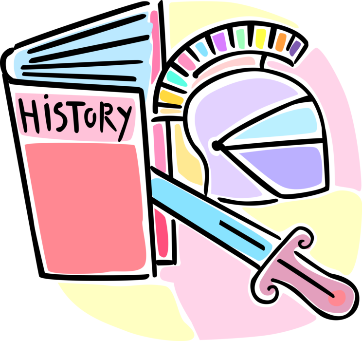 Vector Illustration of School History Class Textbook and Ancient Roman Artifact Helmet and Sword Weapon