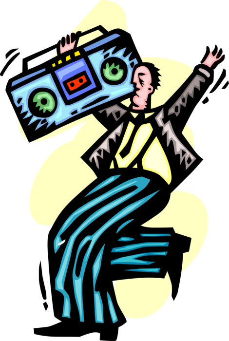 Vector Illustration of Businessman Listens to Audio Entertainment Boombox Music Minisystem