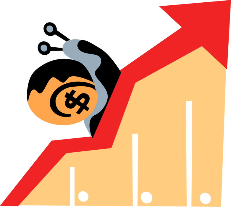 Vector Illustration of Financial Cash Money Snail Slowly Climbs Sales Chart Arrow of Growth and Success