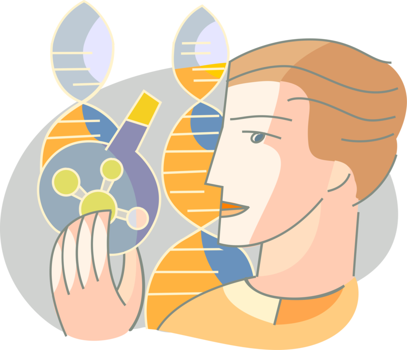 Vector Illustration of Geneticist with Double Helix DNA Deoxyribonucleic Acid Molecule Carries Genetic Instructions