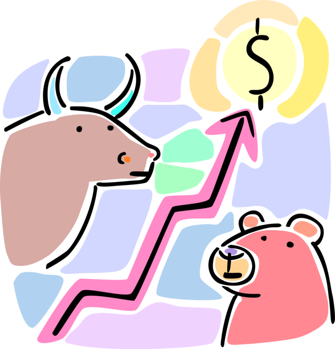 Vector Illustration of Financial Investment Stock Market Bull and Bear with Money Dollar Corporate Profit Increase