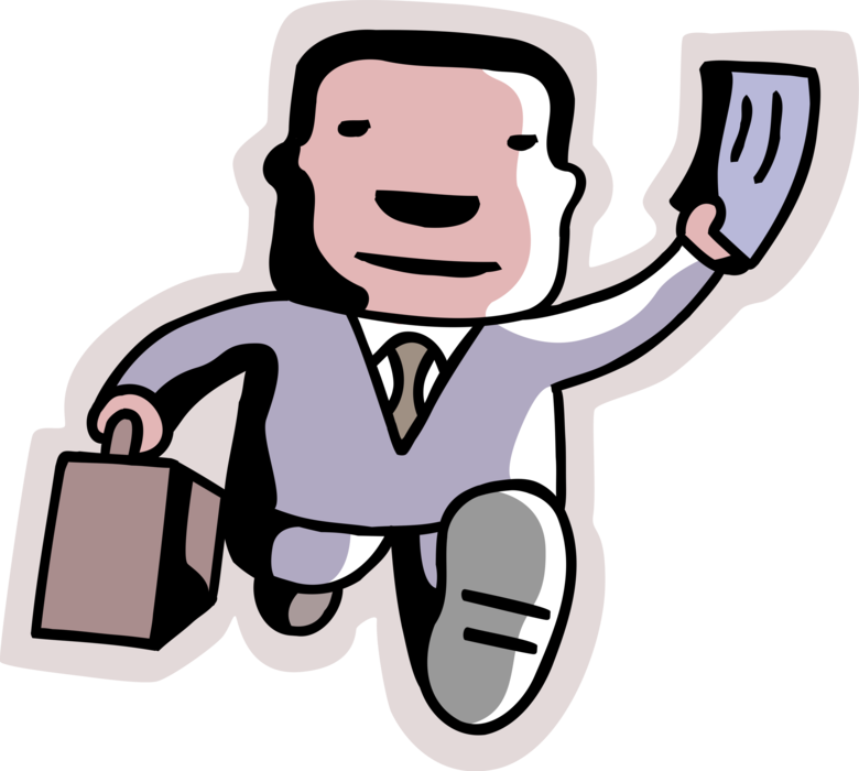 Vector Illustration of Businessman Runs to Catch Train or Airplane with Briefcase and Boarding Pass Ticket