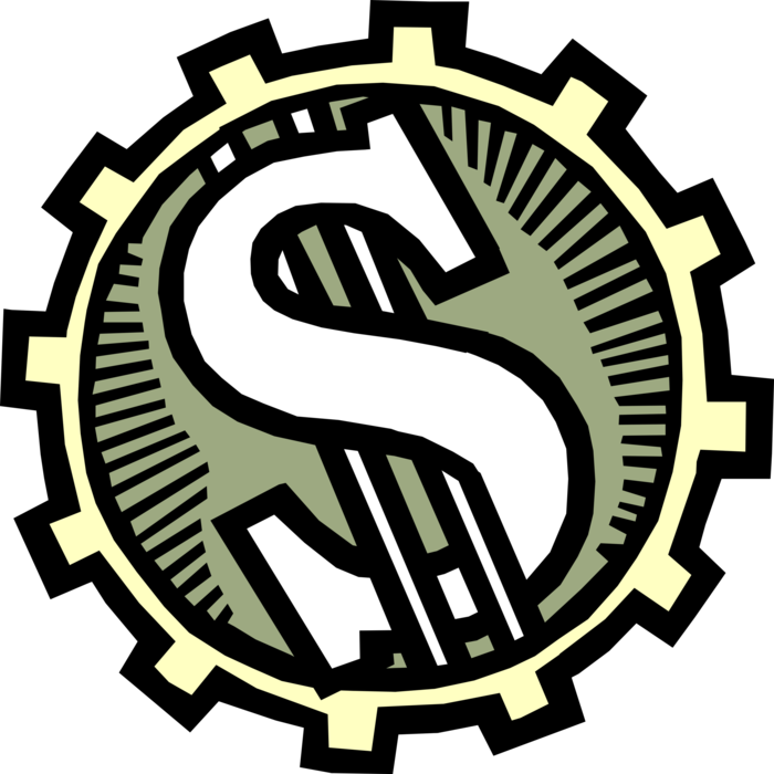 Vector Illustration of Industrial Cogwheel Gear of Industry Cash Dollar Bill Paper Money Monetary Currency of the United States