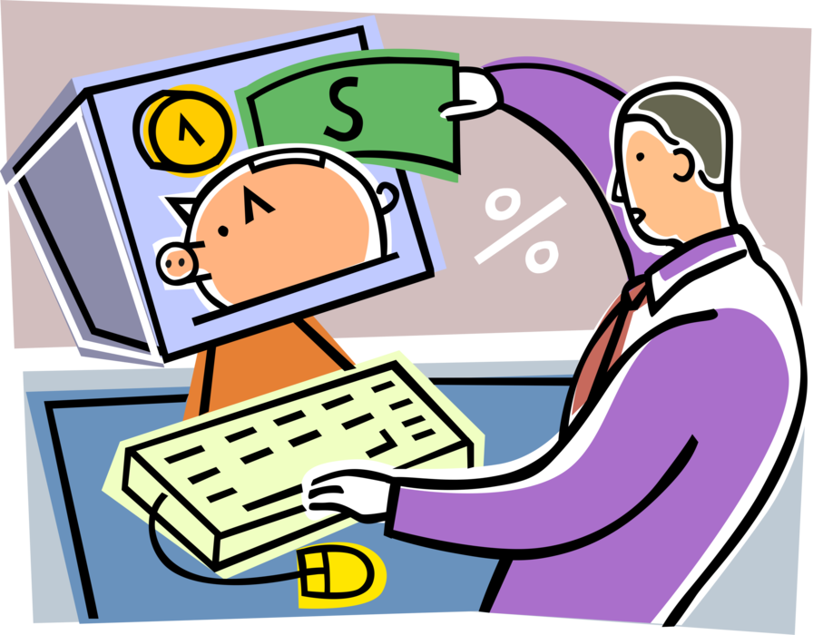 Vector Illustration of Businessman Manages Personal Finances with Online Internet Banking Savings Deposit with Piggy Bank