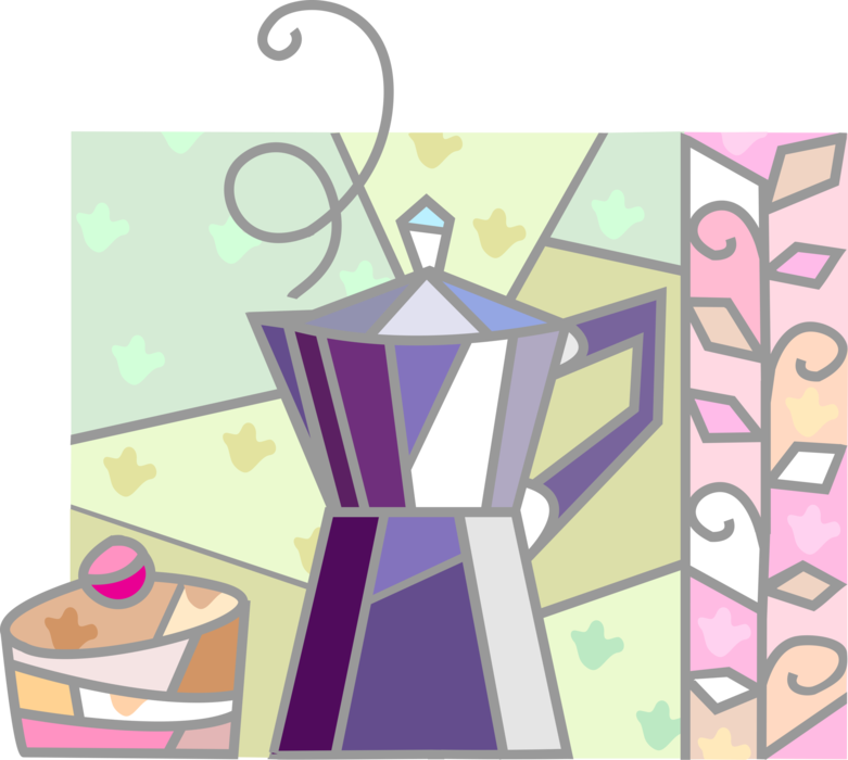 Vector Illustration of Coffee Pot, Coffeemaker or Coffee Machines with Floral Ceramic Tiles